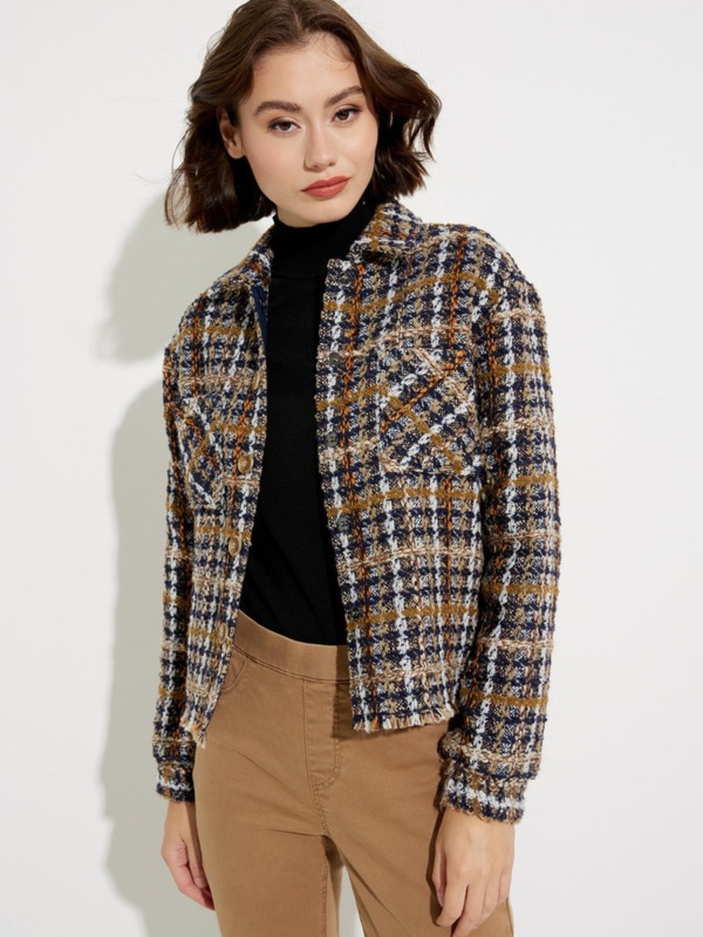 Charlies Plaid Tweed Blazer Jacket in Navy, Camel & Cream